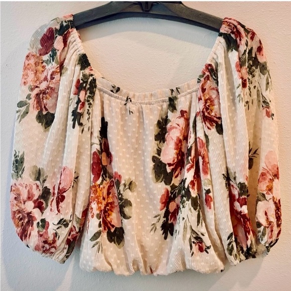 Lush Romantic Floral Off-Shoulder Blouse — Textured Swiss Dot | Size S - Picture 6 of 8